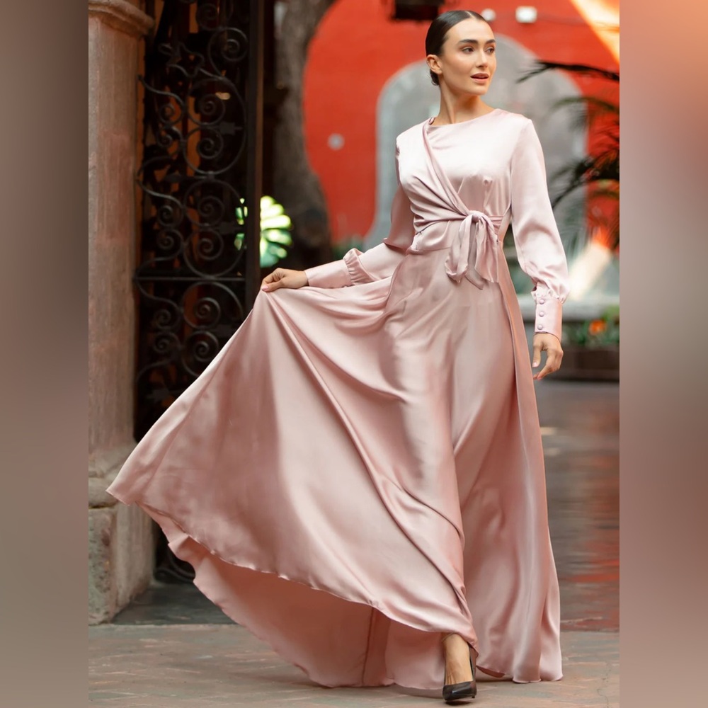 URBAN MODESTY *NWT TAN DIANA SIDE KNOT SATIN GOWN Sz: S - Picture 5 of 5